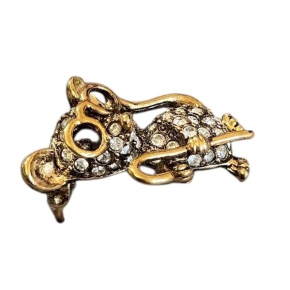 Vintage Gold Tone Jeweled Rhinestone Mouse with Glasses and Cane Brooch - Picture 3 of 6